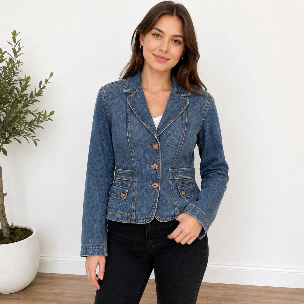 Ann Taylor Loft Denim Jean Jacket Structured Sz 6 Button Front Long Sleeve Y2K